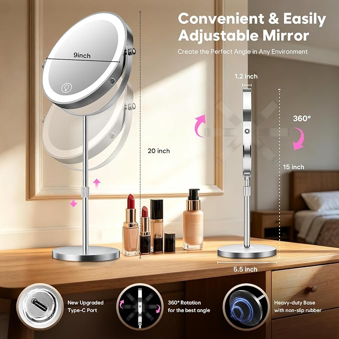1X/30X Makeup Mirror with Lights, Brightness Adjustable with 3 Colors, Double Sided Magnifying Mirror with 360° Rotation, Lighted Makeup Mirror with Magnification, Ideal Gift for Women