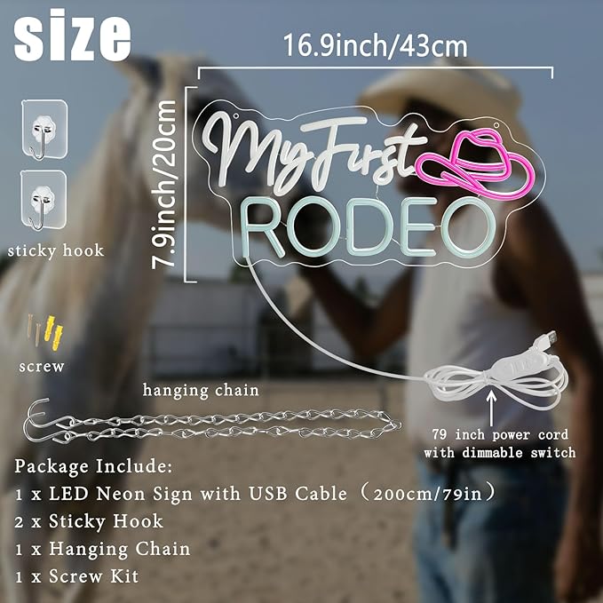 My First Rodeo Neon Sign for Wall Decor, Dimmable Cowboy Hat Neon Lights Signs, Western Cowboy Theme Neon Led Sign for Farm Bar Club Party Game Room Bedroom Man Cave Decoration Birthday Present
