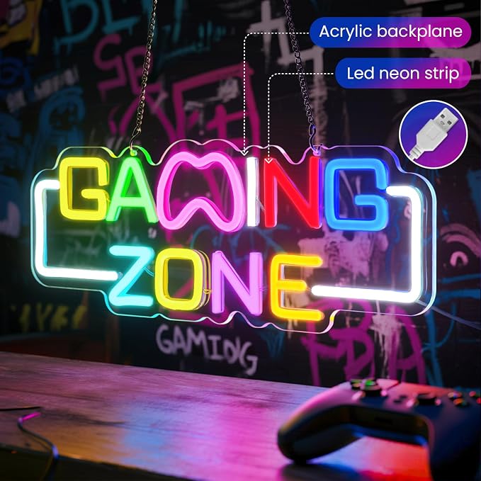 Gaming Zone Neon Sign for Wall Decor – LED Neon Lights with USB Power & Dimmable Brightness,Cool Game Controller Neon Sign for Bedroom,Game Room,Man Cave,Gamer Decor