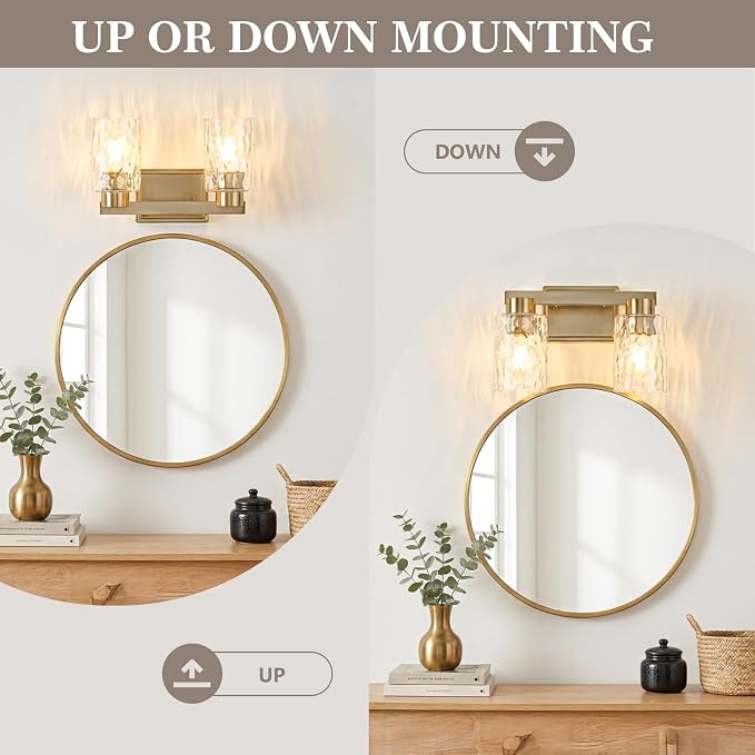 2-Light Bathroom Light Fixtures with Water Ripple Glass, Gold | Vanity Lights, Modern Wall Sconces, Over Mirror for Bathroom, Powder Room, Living Room