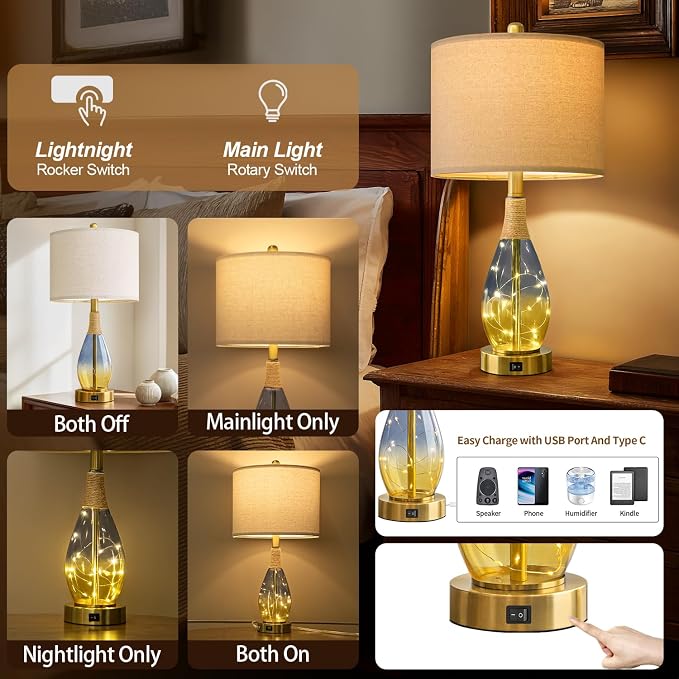 23" Table Lamps for Living Room Set of 2,Bedside Lamps for Night Stands, Rattan Lamps for Bedroom,Farmhouse Lamps with Glass Nightlight,Two Light Points