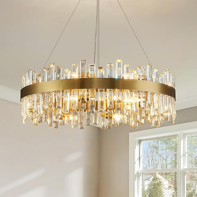 Siljoy 16-Light Modern Crystal Chandelier, 31.5'' Luxury Dimmable Brass Gold K9 Crystal Raindrop Chandelier Adjustable Hanging Crystal Ceiling Light for Dining Living Room Kitchen Island Entry Foyer