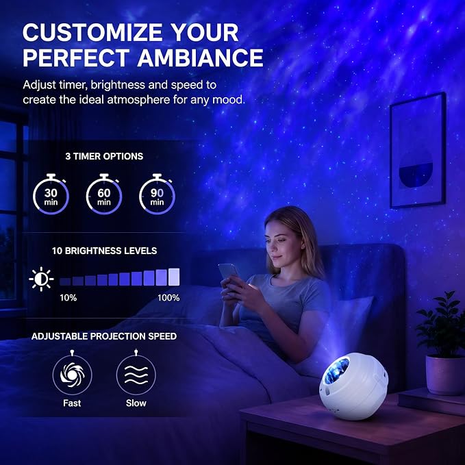 Galaxy Projector, Star Projector Bluetooth for Bedroom | White Noise Night Light Projector, Adjustable Brightness Ceiling Space Projector with Timer, Remote Control, Bedroom Deco