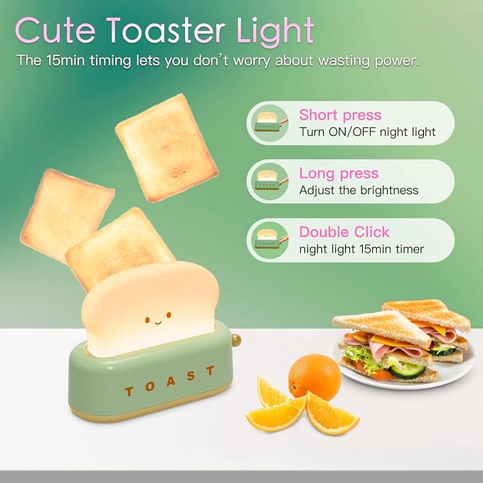 Desk Decor Cute Toast Lamp Small Desk Lamp Night Light for Kids | Rechargeable with Smile Face Kawaii Decor for Bedroom, Table, Bedside, Desk Gifts for Kids and Adults