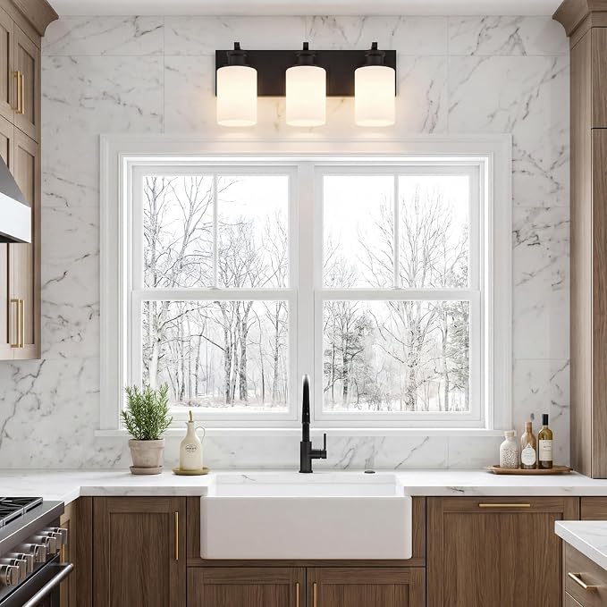 Bathroom Vanity Light, Modern 3 Light Bathroom Light Fixture Over Mirror | Light Fixture Over Sink with White Glass Shade, Black Vanity Lights for Bathroom, E26 Base, 16.5 inch (Bulbs Not Included)