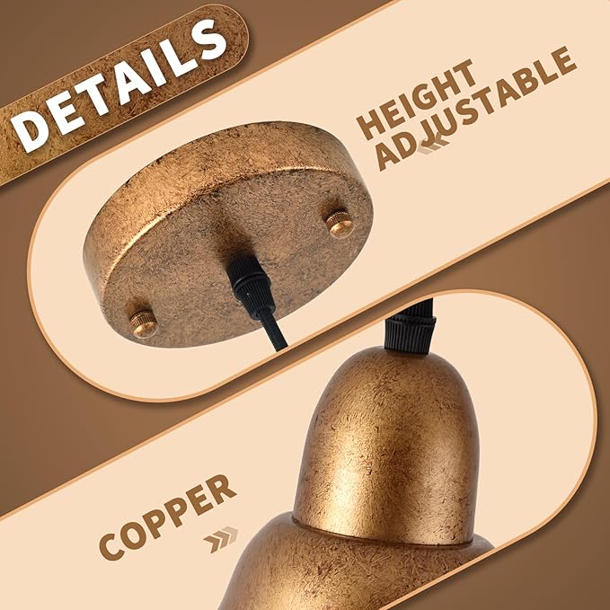 Ziqqeelam 11.8" Copper Pendant Light Kitchen Island Farmhouse Hanging Gold Pendant Light, Vintage Dome Pendant Lights, Farmhouse Dome Chandelier for Kitchen Island Dining Room