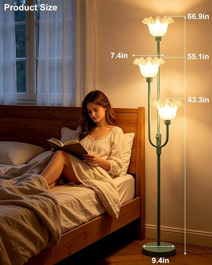 Lightdot 66IN Flower Floor Lamp 3-Lights Vintage Dimmable Floor Lamps with 3000K Warm White Bulbs Included for Wedding Party Modern Tall Standing Lamp for Living Room/Bedroom/Sofa Beside/Corner Decor