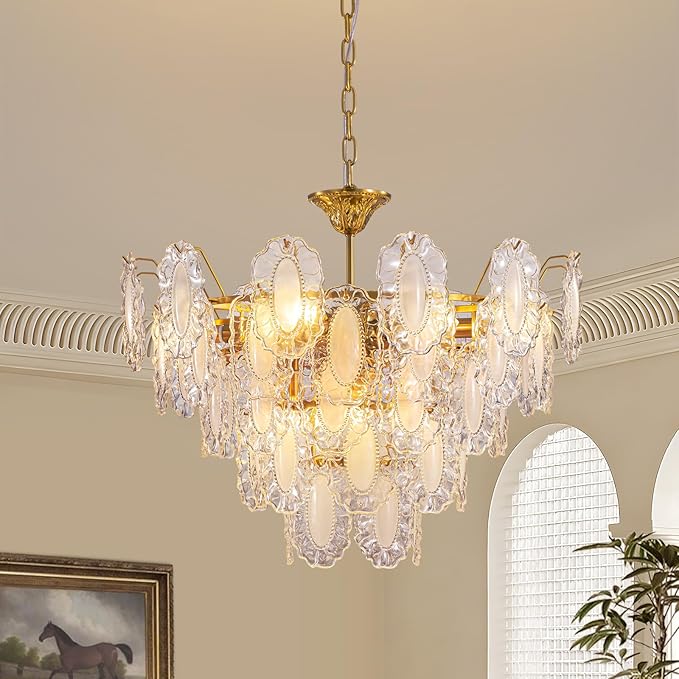 7PM Modern Gold Glass Chandelier, 5-Layer Antique Crystal Chandeliers 12 Light Round Pendant Ceiling Fixture 59" Hanging Adjustable Chain for Foyer, Living Room, Bedroom, Dining Room 27.5 inch