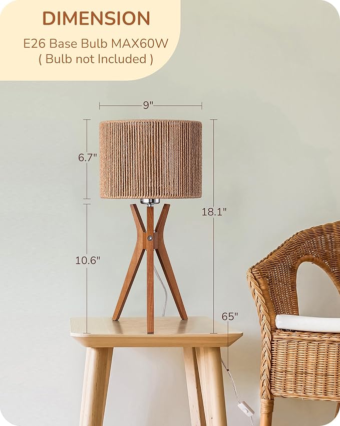 EDISHINE 17.5" Rattan Table Lamp, Handmade Paper Rope Woven Lampshade, E26 | Wood Bedside Lamp, ON-Off Switch, Triangular Wood Base, Modern Nightstand Lamp for Living Room, Bedroom, Office