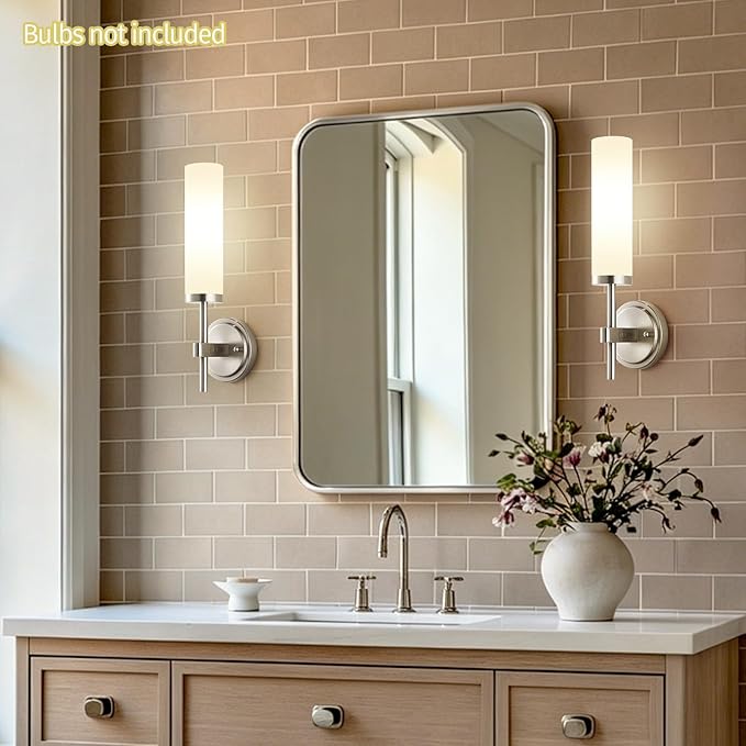 [Hardwired] Wall Sconces Set of Two, Brushed Nickel Bathroom Sconces with Milky White Glass, Modern Wall Light Fixtures for Bathroom Mirror Vanity, Living Room, Hallway, Stairway, Cabinet, Foyer