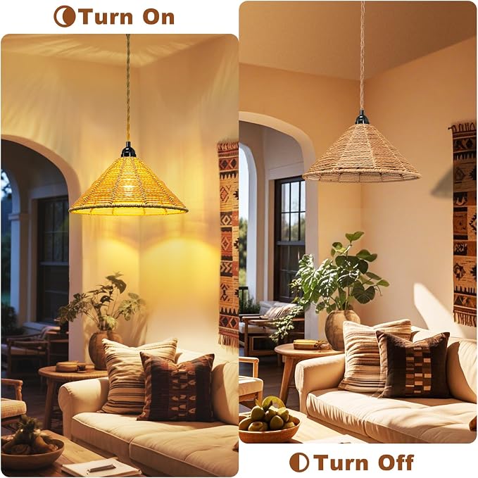 Maliralt Hanging Lamps Rattan Pendant Light - 16.4ft Plug in Cord Hanging Light Fixture Plug Into Wall Outlet Pendant Lighting with On Off Switch for Bedroom Living (Industrial Shade)