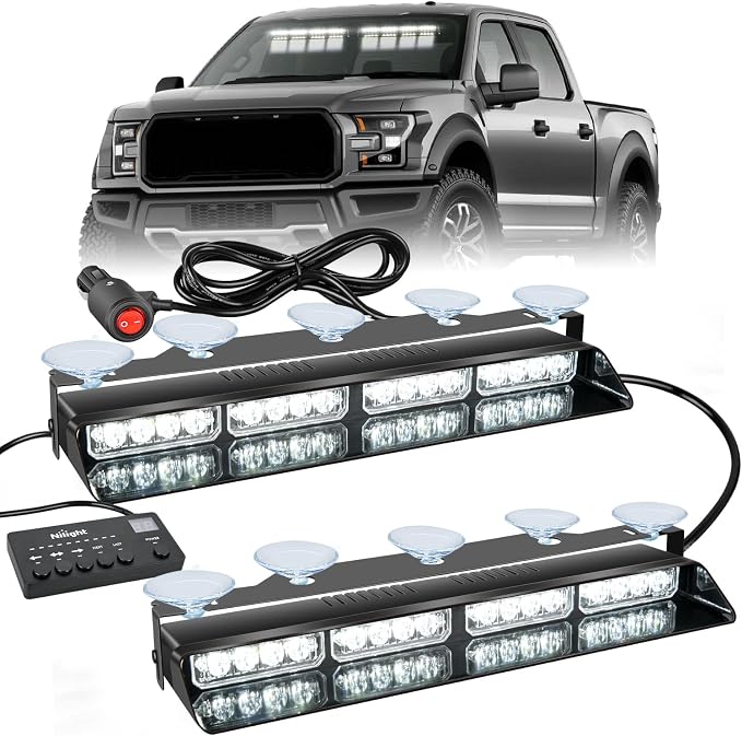 Nilight 32LED White Emergency Dash Strobe Lights w/Controller Suction Cups | Warning Hazard Interior Front/Rear Windshield Deck Split Light Bar for Trucks Construction Vehicles