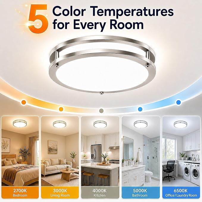 13in 36W Dimmable LED Ceiling Lights, 2-Pack 3600lm Super Bright Energy-Efficient Flush Mount Light Fixture, 2700K-6500K 5CCT Adjustable Modern Lamp for Bathroom Bedroom Kitchen Hallway Brushed Nickel