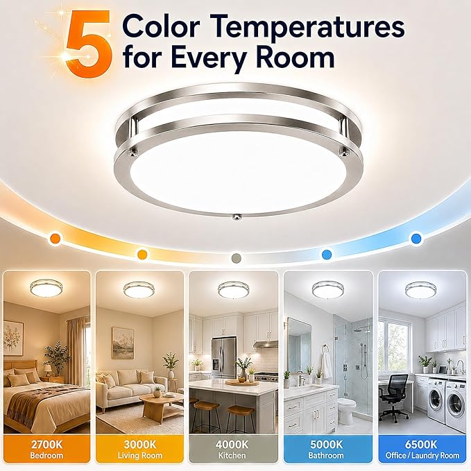 13Inch 36W (450W Equiv) Dimmable LED Ceiling Lights, 1-Pack 3600lm Bright Modern Flush Mount Light Fixtures, 2700K-6500K Adjustable Ceiling Lamps for Bedroom Hallway Kitchen Lighting, Brushed Nickel