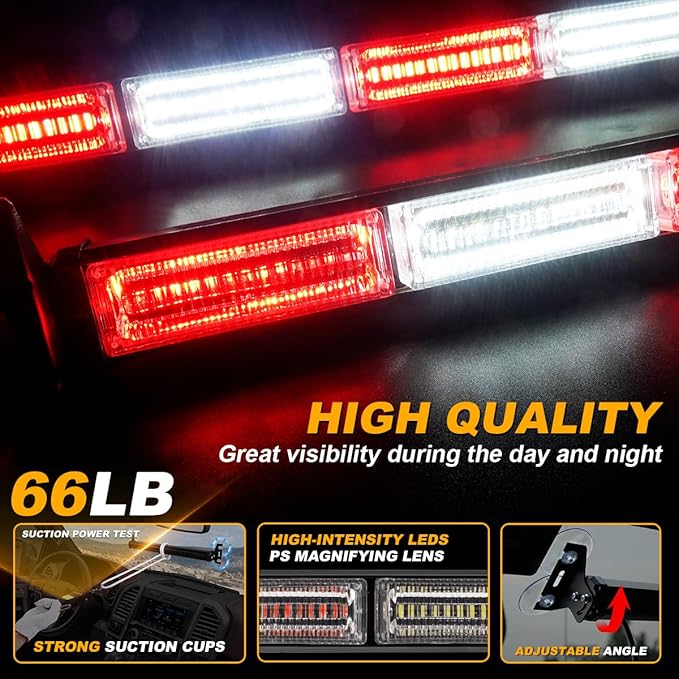 2 in 1 Traffic Advisor Light Bar Strobe Flash Light Windshield LED Emergency Strobe Visor Safety Warning Hazard Flashing Lights for Firefighter Police Trucks, 2X 17.7 Red/White