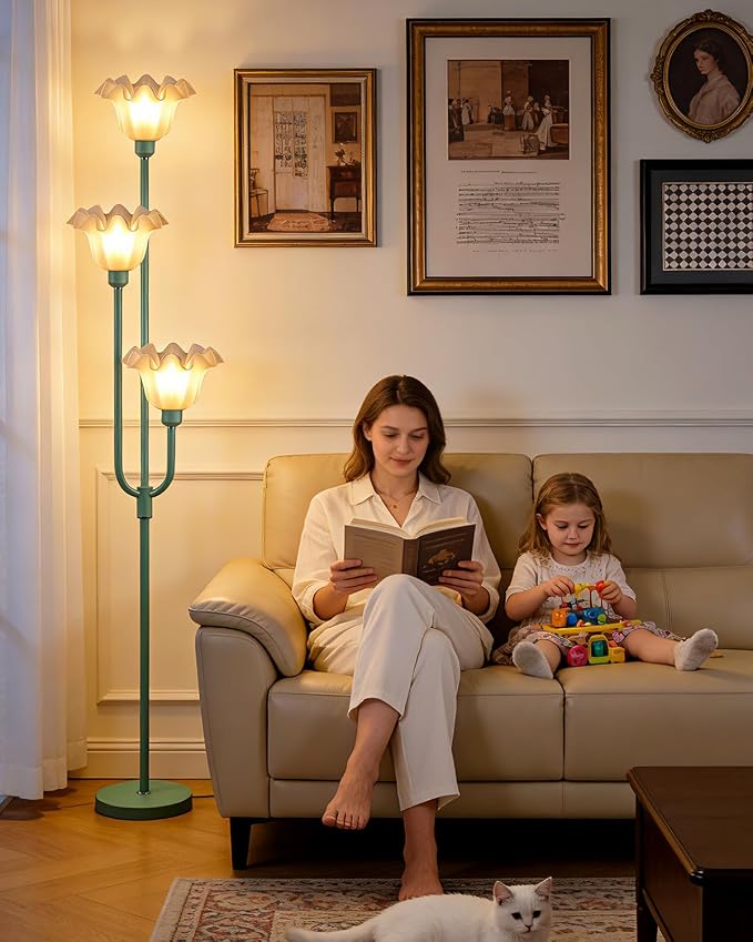 66 Inch Flower Green Floor Lamp for Living Room Bedroom Office, 3-Light Mid Century Standing Lamp with 3000K Warm White LED Bulbs, Vintage Floral Lamp with Heavy Stable Base & Foot Switch