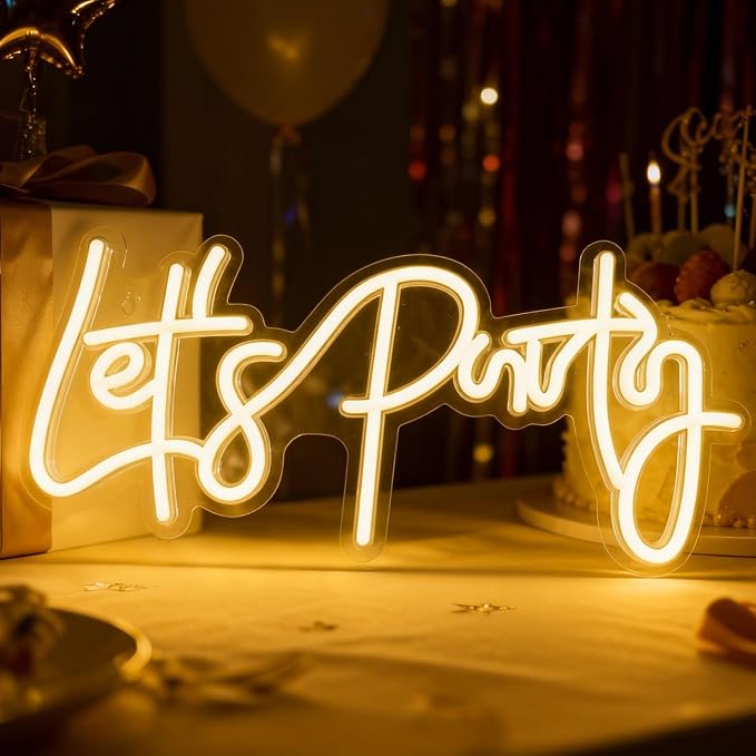 Let‘s Party Neon Sign for Party Wall Decor, LED Lets Party Light up Sign for Backdrop, 16"x 7" USB Powered 10 Warm Brightness Settings Light up Signs Birthday Bachelorettle Wedding Parties Bar