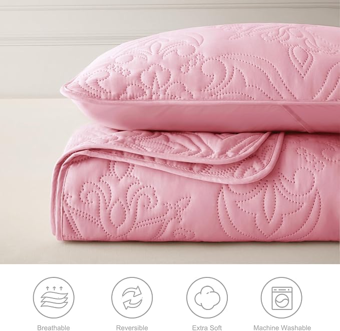 Whale Flotilla King Quilt Bedding Set Vintage Damask Reversible Bedspread | Suitable for Bed, 3 Pieces Pink Lightweight Breathable Quilt King Size, Ultrasonic Coverlet Bed Cover with 2 Pillow Shams