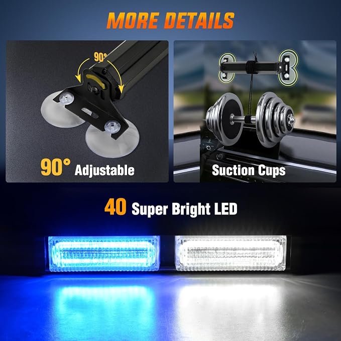 Nilight 40LED Blue White Emergency Strobe Traffic Advisor Light Bar with Suction Cups Dash Safety Warning Hazard Flashing Lights Interior Front/Rear Windshield for Trucks Construction Vehicles | with Suction Cups Dash Safety Warning Hazard Flashing Lig...