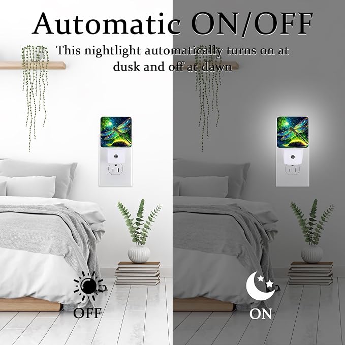 Dragonfly Night Light, Plug-into Wall Green Glitter Nightlight Lamp with Dusk to Dawn Sensor, Led Lamp 0.5W Energy Efficient for Boys Girls Adults Home Decor