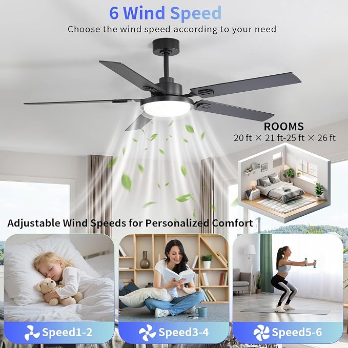 60 Inch Ceiling Fans with Lights and Remote, Bedroom Living Room Office Industrial, 5CCT Dimmable, Dual Color 5 Blades, 6 Speed Reversible Quiet DC Motor, Double-Layer Lampshade, Black/Wood Grain
