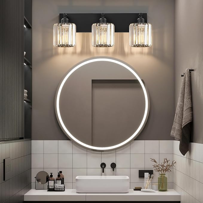 Black Crystal Bathroom Vanity Light, 3-Light Modern Bathroom Lighting Fixtures Over Mirror, Matte Black Wall Sconce Light Fixtures with Round Shade
