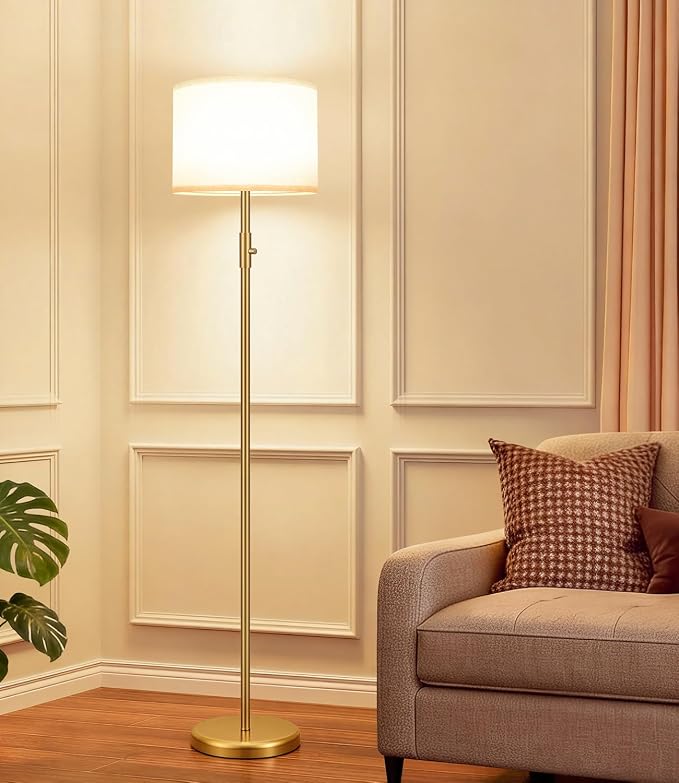 【Upgraded】 Dimmable Gold Floor Lamps for Living Room, 9W LED Bulb Included, Modern Standing Lamp with White Lamp Shade, Tall Pole Light for Bedroom Reading Office Corner Nursery-Gold