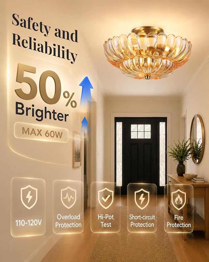 Semi Flush Mount Ceiling Light Fixture 14" Vinatge Gold Ceiling Lights Mid Century Modern Glass Close to Ceiling Lighting Fixtures for Bedroom Hallway Kitchen Laundry Room Bathroom Foyer