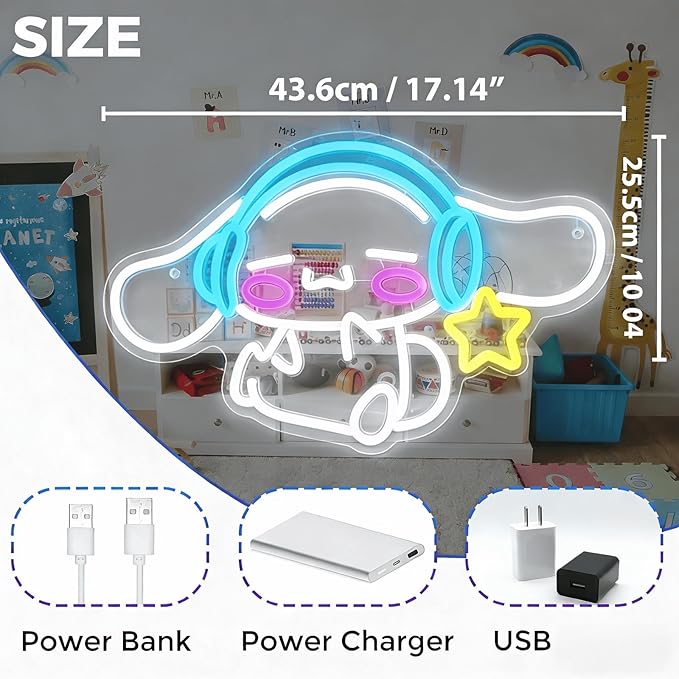 Cinnamoroll Neon Sign for Room Decor, USB Powered LED Lights with Dimmable, Japanese Cartoon Dog Neon Signs, Cute Night Light Gifts for Children (17.17"L x 10.04"W)