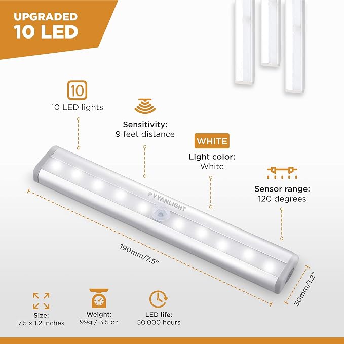 Motion Sensor LED Under Cabinet Lights, 10 LED Light Strips for Closet, Kitchen, Bathroom, Pantry - Battery Operated, Wireless, Peel and Stick, 3 Pack