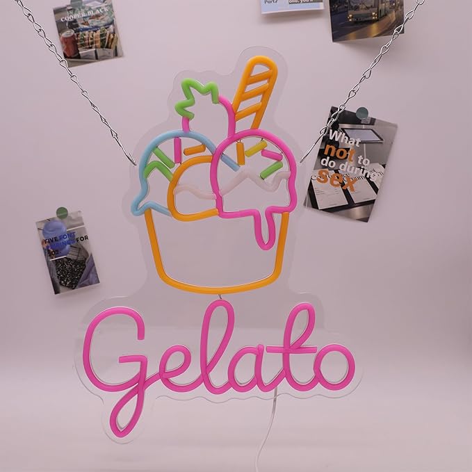 Ice Cream Neon Sign Gelato Neon Sign Dimmable Wall Decor for Store Game Room Kids Room Party Decoration 17.6 * 13.2 Inch