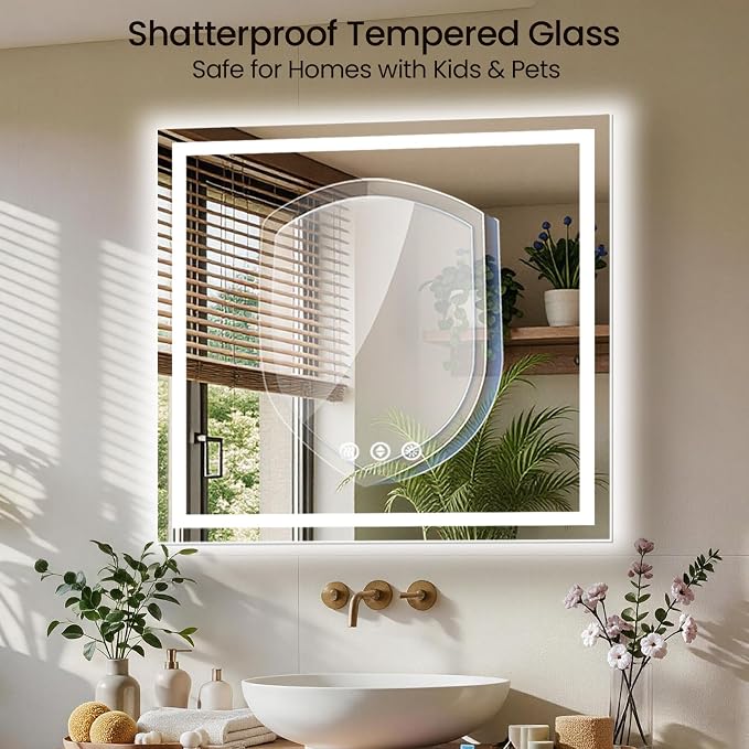 48x48 LED Bathroom Mirror with Anti-Fog, Backlit & Front Lit, Memory | Stepless Dimmable 3 Color CRI 95+ Shatterproof Tempered Glass ETL Listed for Safety Lighted Bathroom Vanity Mirror for Wall