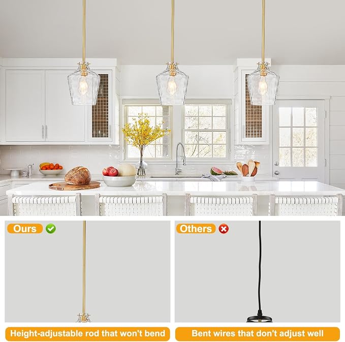 foucasal Modern Hammered Glass Pendant Lighting for Kitchen Island, Adjustable Height Rods Hanging Light with Ceramic E26 Light Socket for Dining Room Foyer Bedroom Bathroom Gold