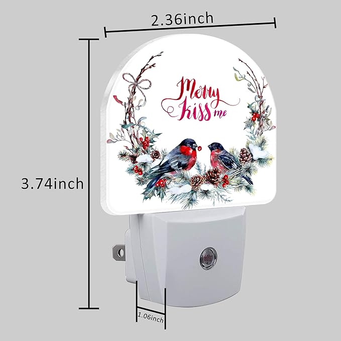 Plug in Night Lights Watercolor Christmas Wreath with Bullfinches Nightlight Plug Into Wall Dusk to Dawn Sensor LED Night Light for Kid Girls Boys Room Decor,Hallway,Kitchen,Bathroom,Nursery