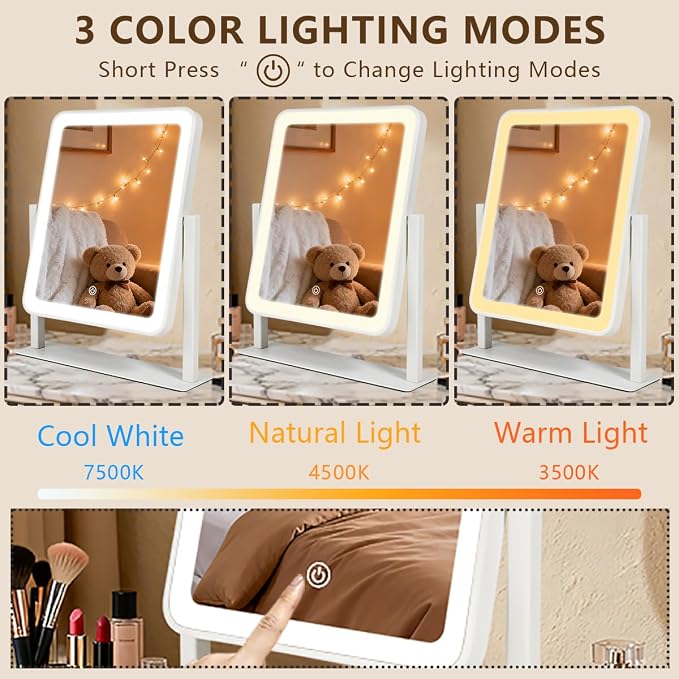 YEKKOPT Vanity Mirror with Lights, 12"x10" LED Makeup Mirror, 3 Color Modes | Smart Touch Sensor,3 Adjustable Lighting Modes,Modern Vanity Decor,Rechargeable & Cordless Design,Ideal Gift Choice