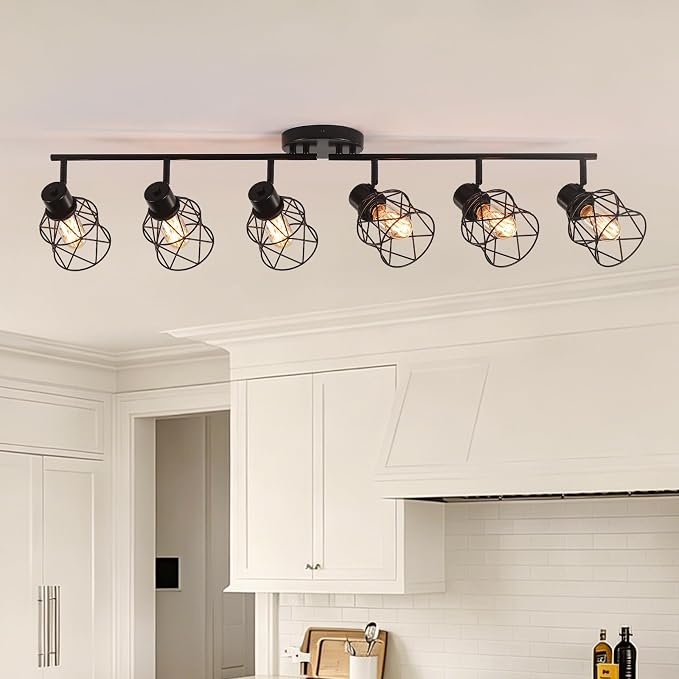 6 Lights Adjustable Multi-Directional Black Light Fixtures, Semi Flush Mount Ceiling Light, Kitchen Light Fixtures, Track Lighting Fixtures Metal Cage Industrial Spotlight Fixtures for Dining Room