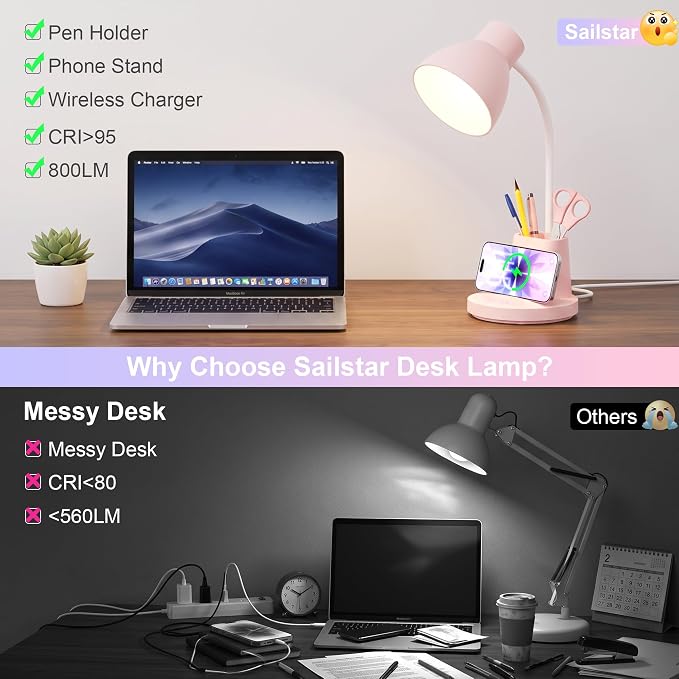 10W Wireless Charging LED Desk Lamp with Pen Holder, CRI 95, Pink | 800LM, 3 Modes, 360°Flexible Arm, Touch, Brightness, Table Lamp for Home Office, Dorm, Bedside, Study, Reading, with Adapter