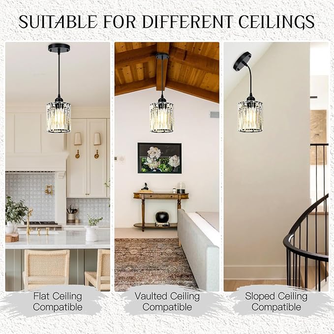 Black Pendant Lights for Kitchen Island, Elegant Modern Island Lights for Kitchen with Crystal Glass – Luxury 2 Pack Pendant Lights for Kitchen Island, Dining Table, Entryway, Restaurant