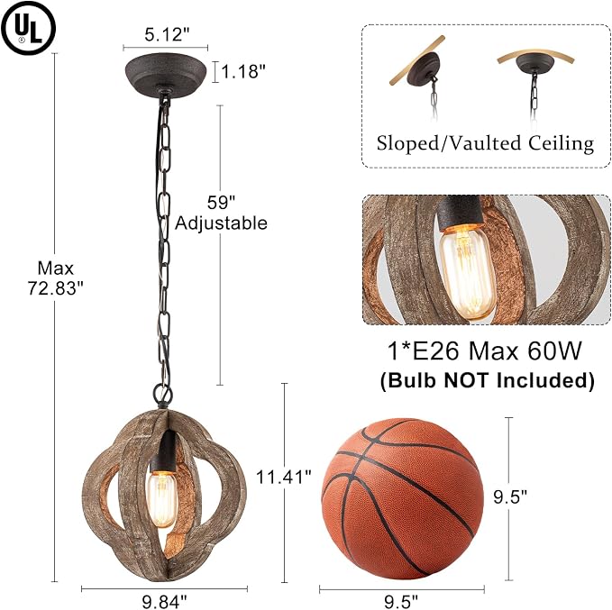 10" Small Farmhouse Wood Oak Pendant Light for Kitchen Island Over Sink | Distressed Oak, Rustic Country Style, Rust-Brown Finish, Orb Shape, E26 1-Light, Ajustable Height