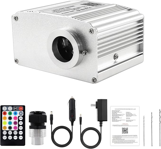 10W Twinkle Fiber Optic Light Engine, Bluetooth App/RF Remote Control for Starlight Headliner, Car Plug & Power Adapter, PG Connector & 3 Drill Bits