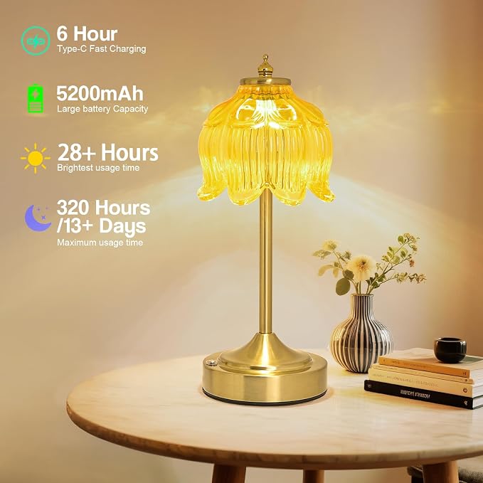 Cordless Table Lamp, Rechargeable Honey Gold Glass Lotus Flower Lamp | 5200mAh touch lamp with 3 color modes and stepless dimming, battery operated lamp for nightstands and kitchen counters