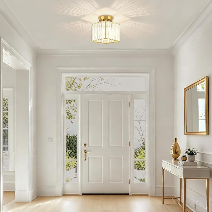 Modern Brushed Gold Hallway Entryway Light Fixtures Crystal Ceiling Lamp | 2-Pack, 7.24 Inch, E26 Dimmable, Bathroom Bedroom Semi Flush Mount Ceiling Light, Kitchen Dining Room Foyer Light Fixtures