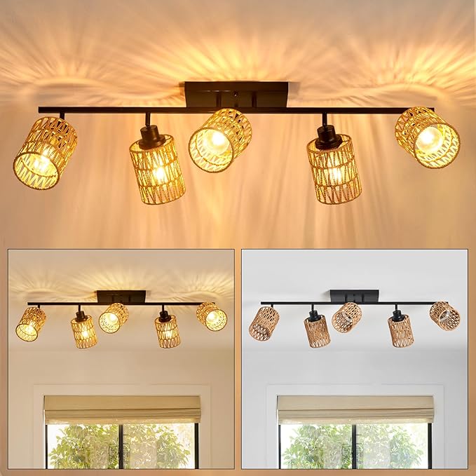 5-Light Track Lighting Fixtures Ceiling E26 Rattan Farmhouse Boho Ceiling Track Lighting Directional Rotatable Modern Track Ceiling Light Fixtures for Kitchen Bedroom Living Room Hallway Foyer