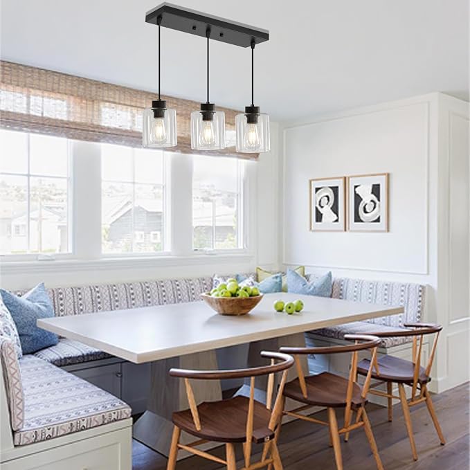 3-Light Pendant Light Fixtures with Clear Glass, Black Hanging Light Fixture for Ceiling, Adjustable Kitchen Island Light for Dinning Room, Bedroom,Hallway, E26 Base, Bulbs Not Included