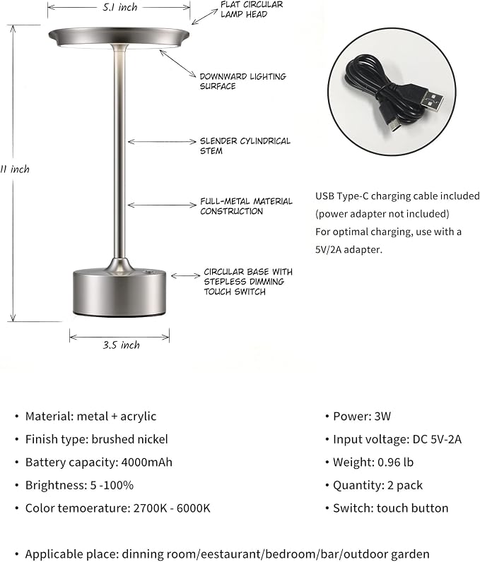 PUSU Rechargeable Table Lamps Set of 2, Nickel Cordless Portable Desk Lamp | 4000mAh Battery, Stepless Dimming & 3 Color 2700K-6000K, LED Lamp for Bedroom, Living Room, Restaurant, Outdoor, Night Light