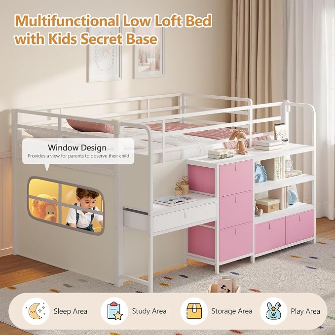 DICTAC Low Loft Bed with Desk and 6 Storage Drawers Twin Loft Bed with Bookshelf,LED Lights & Under-Bed Play Space,Kids Twin Beds with 13.8''H Safety Guardrail,Inclined Ladder&Play Curtain,Pink+White