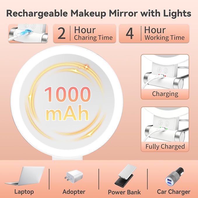Makeup Mirror with Lights, Magnifying Mirror 1X/30X with Adjustable 3 Color Light, Double Side Control, 2000mAh Rechargeable, Lighted Makeup Mirror with Magnification, Smart Memory, Gift for Women