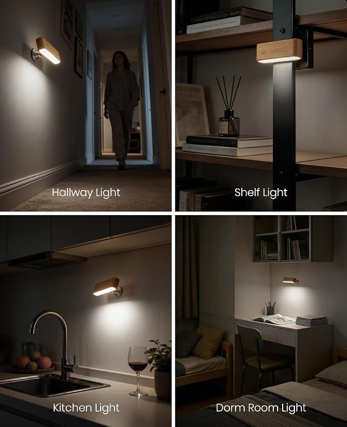 Wood Wall Sconce, Rechargeable Reading Light, Magnetic Bedside Lamp | Bedside Reading, 360° Rotation, Stepless Dimming, 4000K Natural Light, Magnetic Installation for Bedroom Wall Lamps