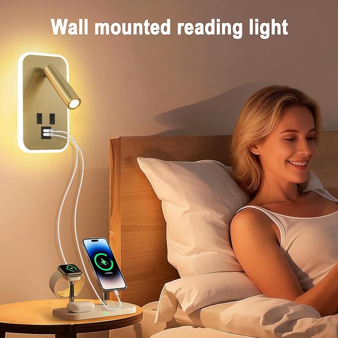 Wall Sconce Plug in with Wall Mounted Reading Lights,Modern Wall Lamp for Bedroom with Charging Station USB C+A Ports,Headboard Bedside Lamps with 3W+9W Night Light,3 Color Temperature