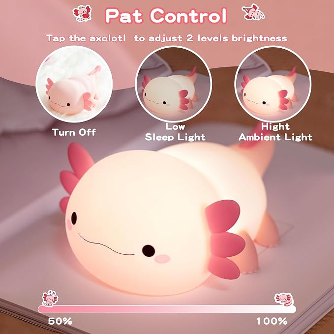 FAMIDUO Pink Axolotl Lamp, Food-Grade Silicone Squishy Night Light for Kids | 2-Level Touch Dimmable ,20-Min Auto-off Timer, Rechargeable Anti-Blue Warm Glow Nursery Bedside Decor, Cute Gifts for Girls